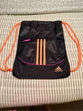 adidas Black Drawstring Bag with Orange Accents and Pink Trim